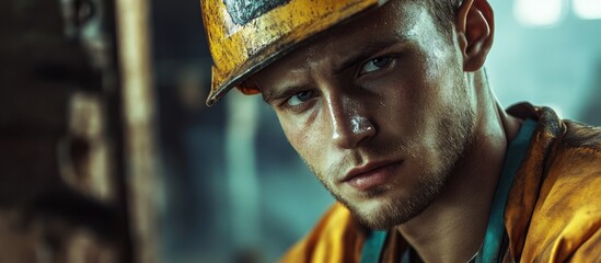 Young construction worker focused on task with a perforator in a gritty industrial environment showcasing determination and hard work.