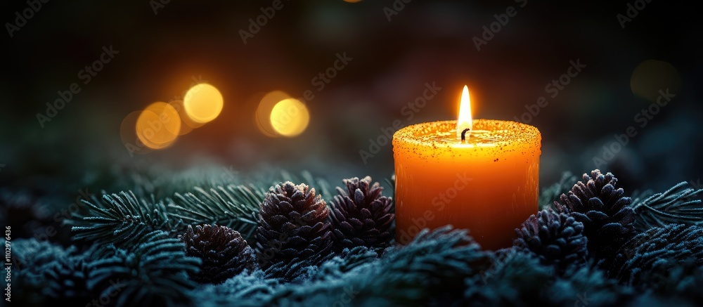 Poster advent candle glowing warmly among festive pine cones and greenery with soft bokeh lights in the bac