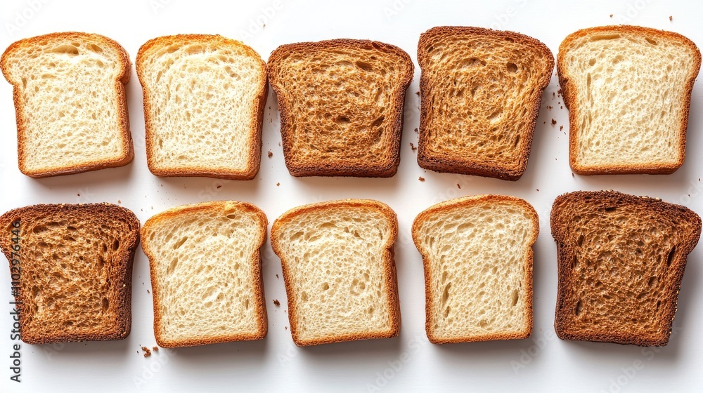 Poster sliced bread arranged on a white background showcasing various bread types with crumbs from an aeria