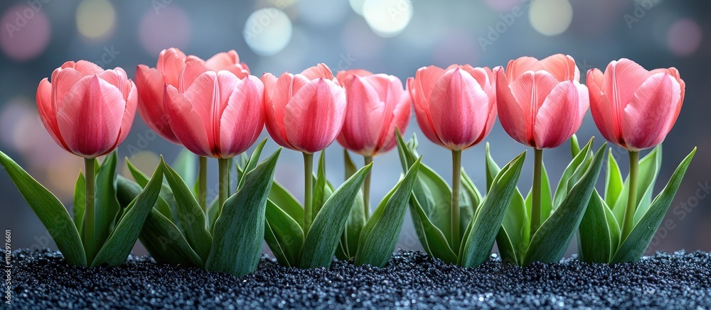 Poster pink tulips arranged in a row on a textured surface with a dreamy blurred background creating a vibr