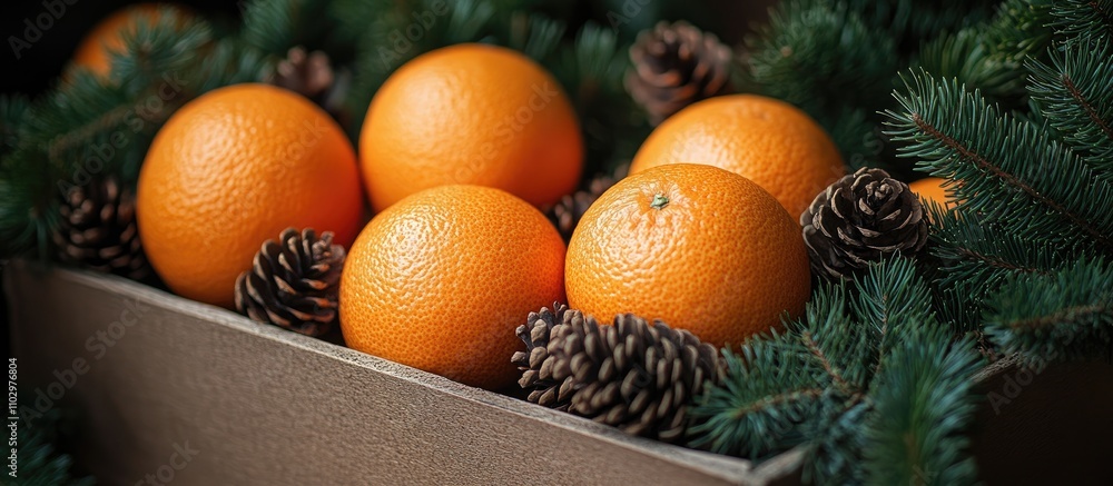 Poster tangerines in a rustic wooden box surrounded by fir tree branches and pine cones creating a warm sea