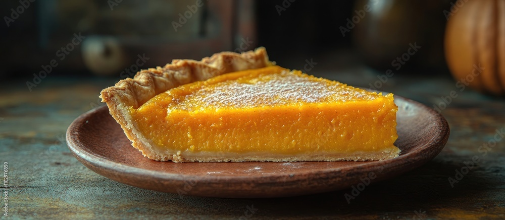 Poster pumpkin pie slice on a rustic terra cotta plate with a dark background showcasing rich colors and te