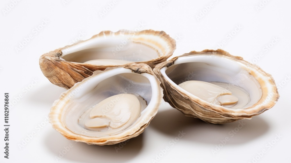 Poster raw abalones displayed on a clean white background showcasing their unique shells and soft interiors