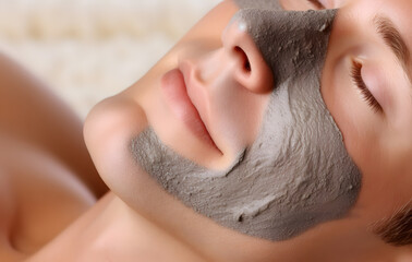Naklejka premium Man relaxing at spa with facial mask, , clay mask