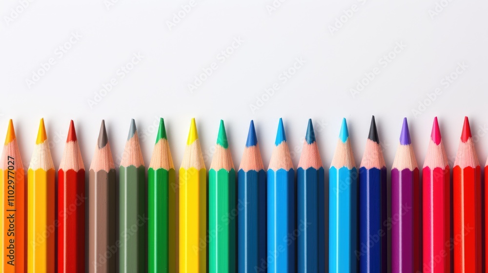 Poster colorful array of sharpened color pencils arranged neatly on a clean white background for artistic a