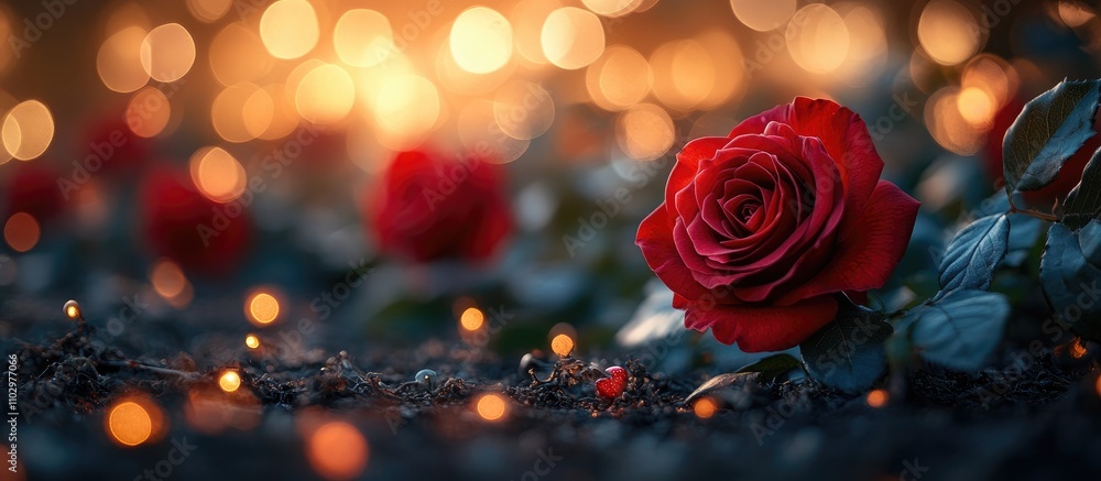 Poster valentine's day backdrop with romantic red roses and glowing bokeh lights creating a warm and enchan