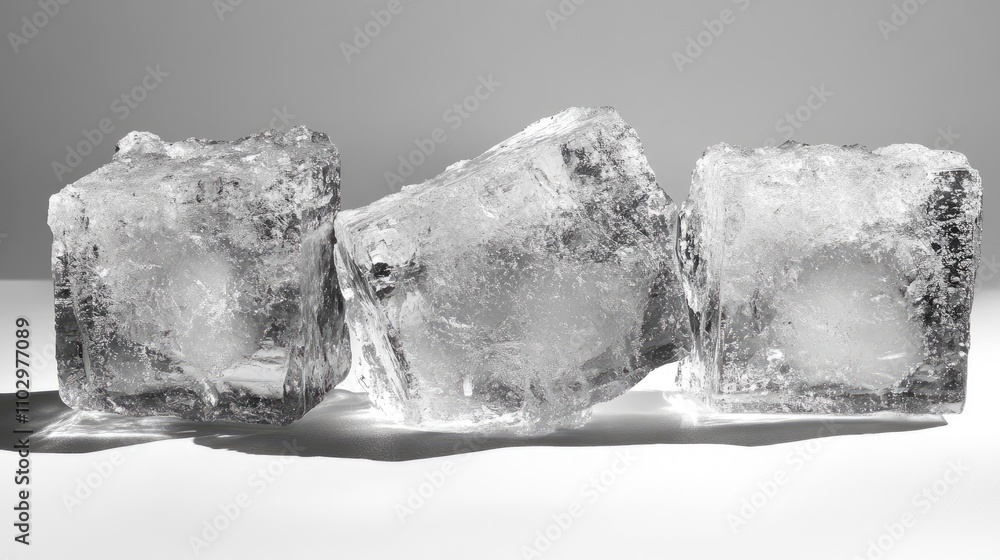 Poster three clear ice cubes artistically arranged with subtle shadows on a minimalist white background sho