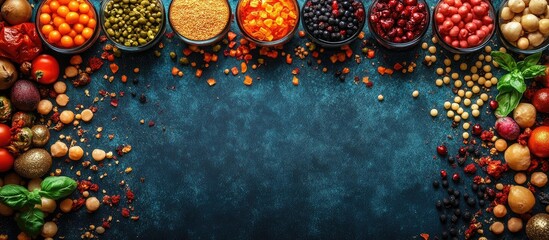 Obraz premium Birds eye view of colorful party supplies and spices arranged in a decorative border showcasing vibrant ingredients on a textured blue background