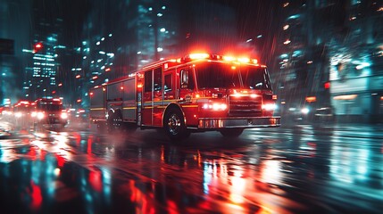Firetruck with flashing lights speeding past a city intersection, rain pouring down, reflections of emergency lights on wet pavement, blurred motion effect, intense atmosphere,