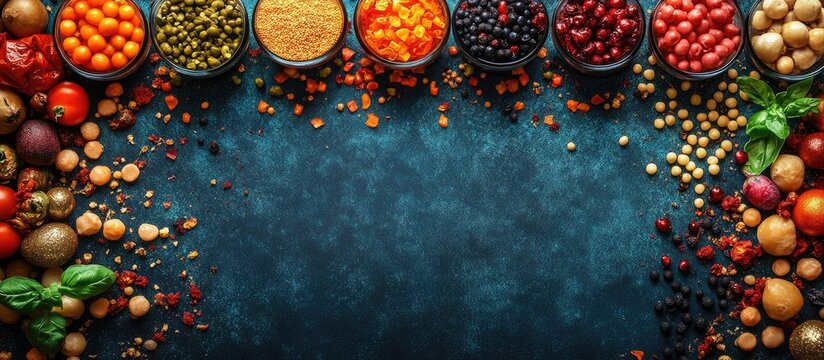 Birds eye view of colorful party supplies and spices arranged in a decorative border showcasing vibrant ingredients on a textured blue background