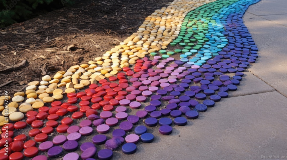 Poster colorful arrangement of circular objects creating a vibrant rainbow pattern on a textured surface in