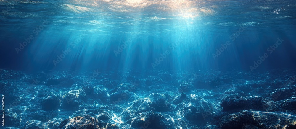 Poster sunlight filtering through water illuminating a shallow seabed with rocks and vibrant aquatic colors