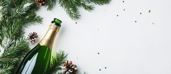 New Year celebration theme with champagne bottle and fir branches arranged on a light background for festive decorations and events