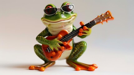A funny frog playing the guitar, wearing sunglasses on a white background 