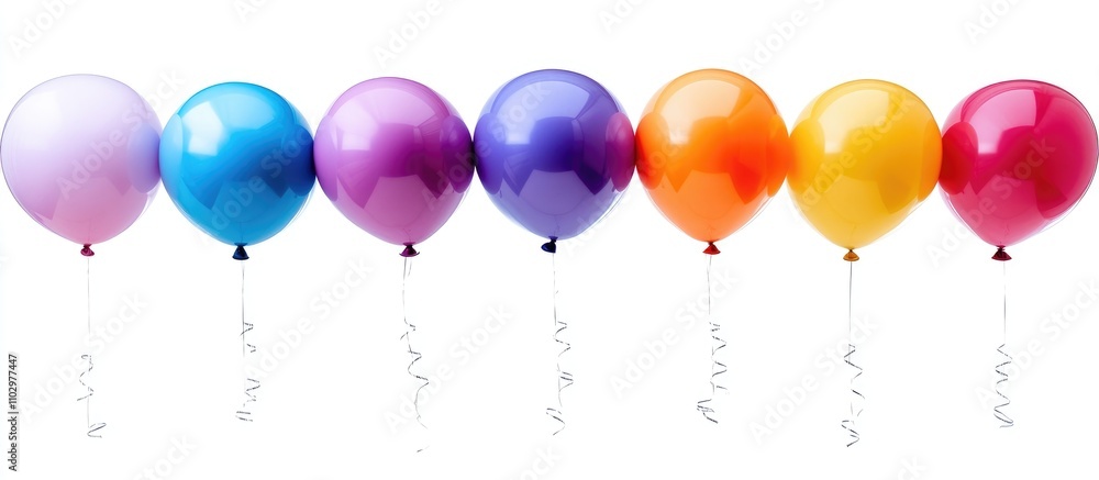 Poster multicolored glossy balloons in a row with strings over a bright white background for festive and ce
