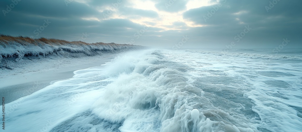 Poster dynamic ocean shoreline with vibrant waves crashing under a moody sky creating a serene coastal land