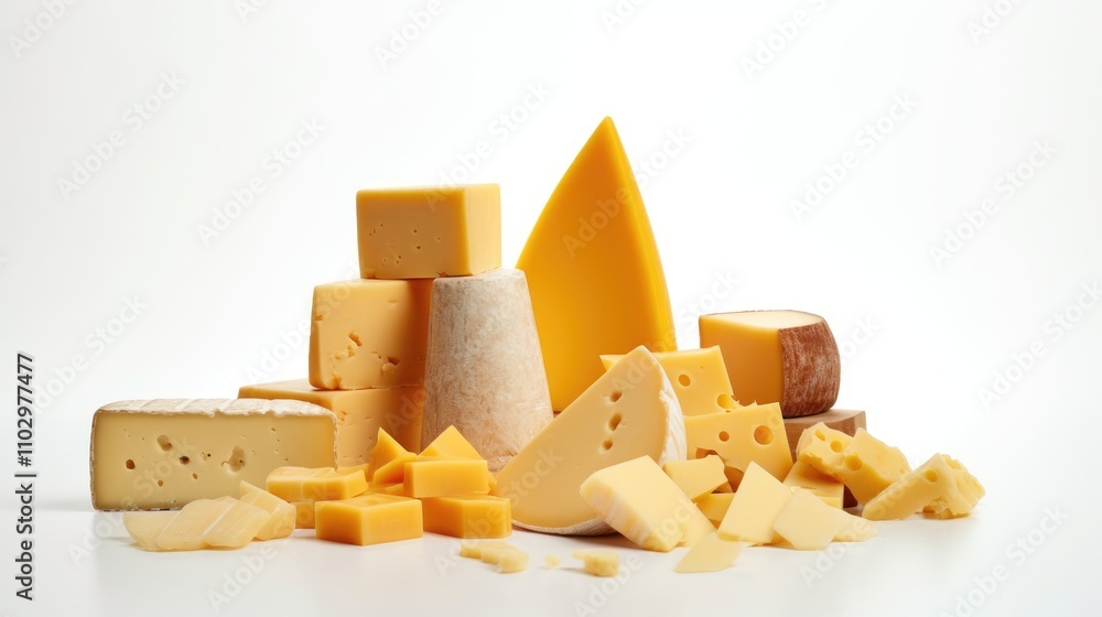 Poster variety of cheese blocks and slices arranged artistically on a clean white background showcasing tex