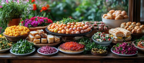 Ukrainian Easter celebration table featuring vibrant eggs traditional dishes salads fish sandwiches and fresh vegetables in a festive arrangement