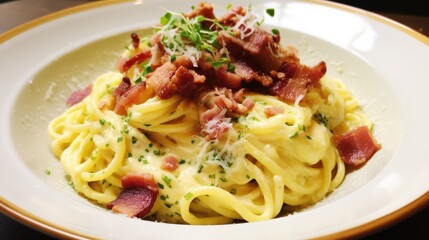 Delicious homemade spaghetti carbonara garnished with crispy bacon and fresh herbs served on a white plate
