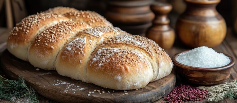 Traditional bread and salt on a rushnik with rustic decor showcasing cultural significance and culinary heritage.