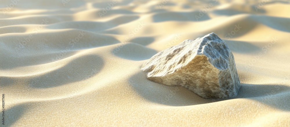 Poster rock fragment resting on golden sand highlighting textures and patterns in a tranquil desert landsca