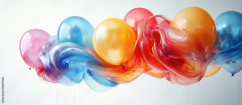 Poster colorful balloons with flowing ribbons creating a festive atmosphere on a bright background suitable
