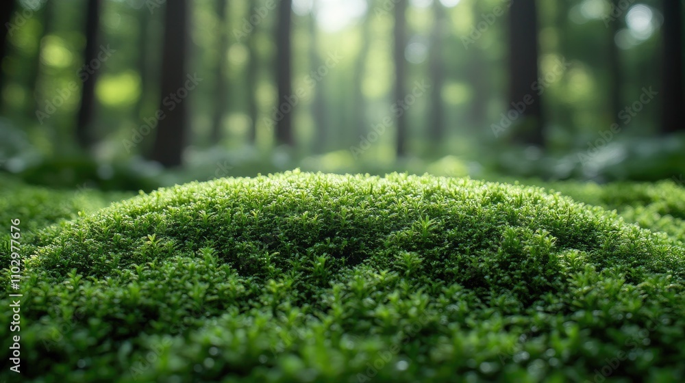 Aufkleber lush forest green moss carpet in serene woodland with soft sunlight filtering through trees creating