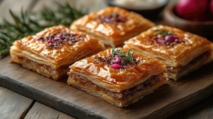 Delicious Turkish Baklava delicately arranged on a wooden platter with herbs and flowers complementing its rich golden layers