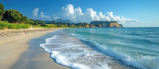 Serene coastal view with gentle waves and lush greenery under a bright summer sky