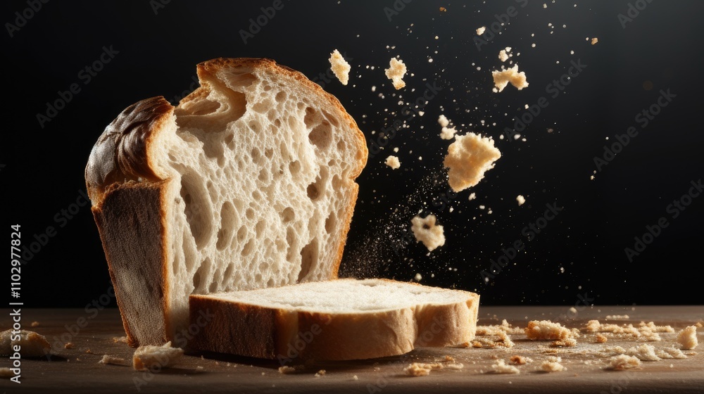 Poster freshly sliced bread with flying crumbs against a dark background showcasing texture and detail of b