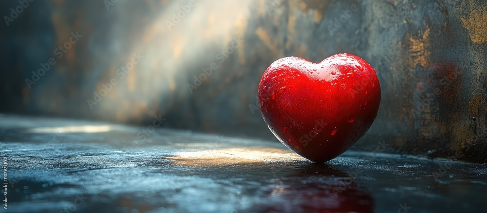 Poster red heart illuminated by a shimmering silver spotlight against a dark background with space availabl
