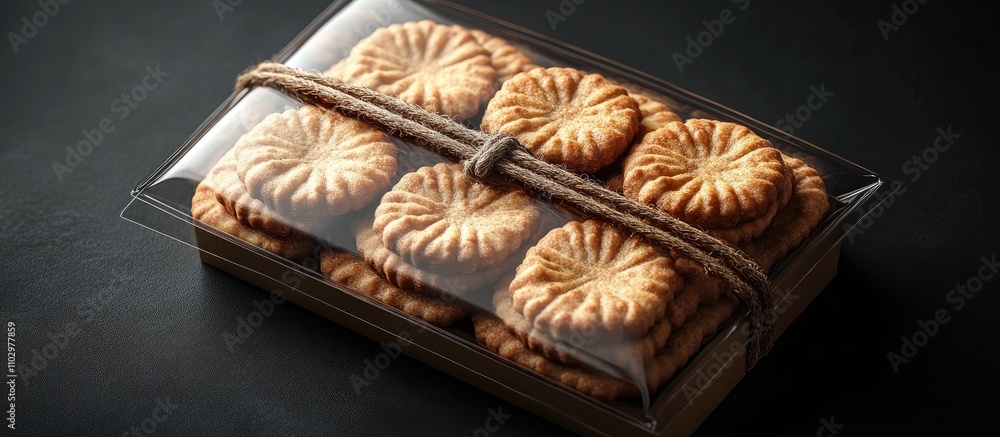 Poster transparent cookie box wrapped with rope on dark background showcasing delicious baked goods with cu