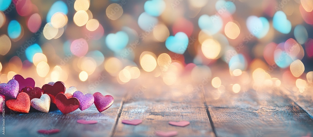 Poster valentine's day backdrop with colorful hearts scattered on a wooden table creating a romantic bokeh 