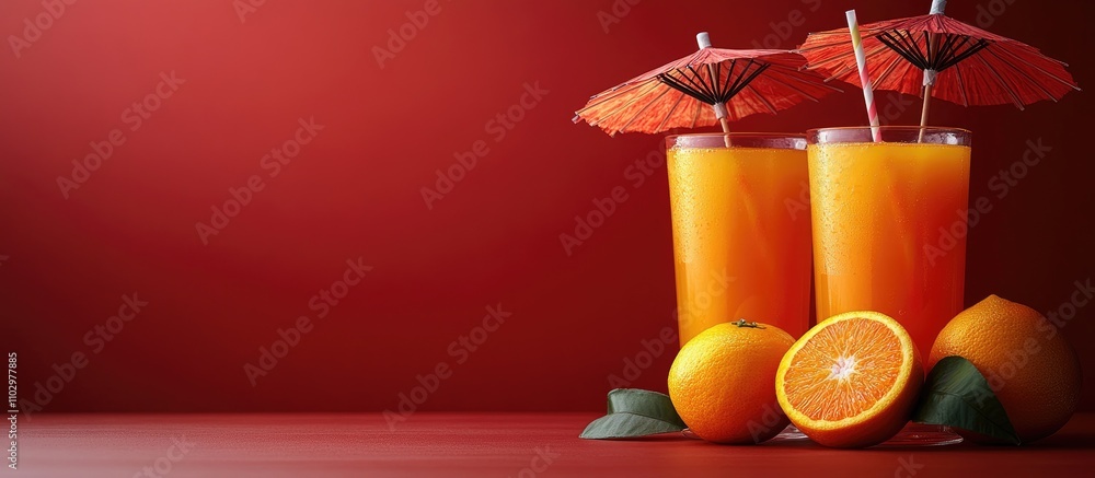 Poster refreshing orange juice with decorative umbrellas and whole oranges on vibrant red background captur