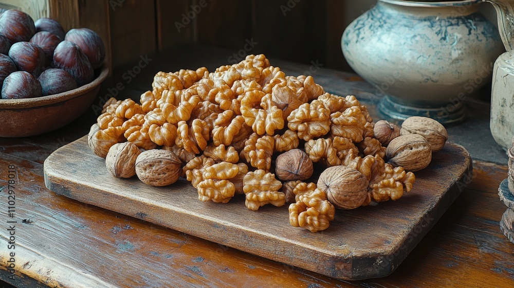 Poster walnut kernels and whole walnuts in a rustic setting on an aged wooden table showcasing natural text