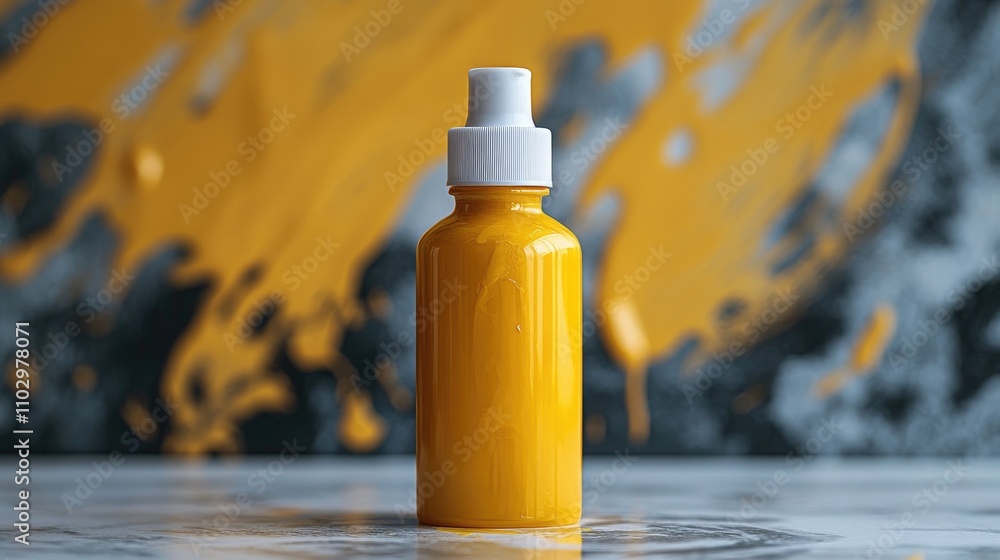 Poster yellow glue bottle isolated on a white background with a dynamic abstract paint splatter to highligh