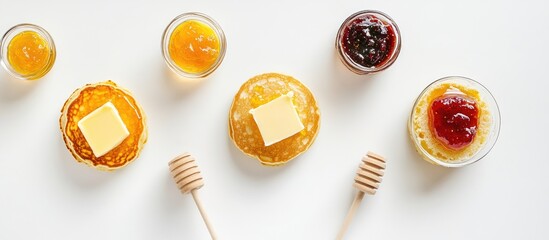 Pancakes topped with butter honey and jam for Shrovetide Butter Week celebration on a white background aerial flat lay view