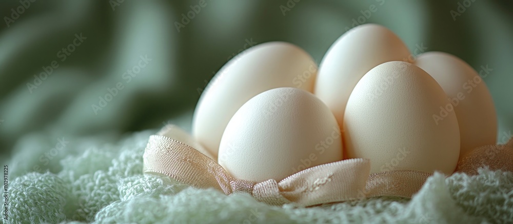 Poster organic white eggs elegantly arranged with a decorative ribbon on a soft green background creating a