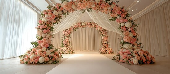 Elegant wedding chuppah with vibrant floral arrangements in a luxurious indoor banquet hall setting for a romantic celebration atmosphere