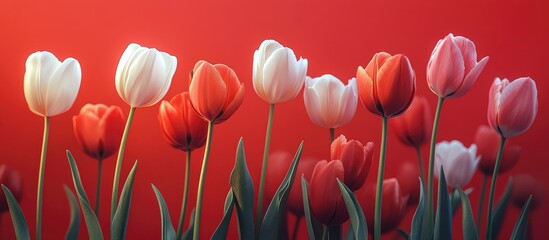 Vibrant tulip blooms on a striking red background ideal for springtime greetings and seasonal promotions with space for customizable text