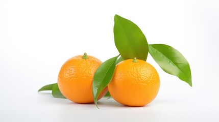 Fresh tangerines with green leaves displayed on a clean white background highlighting their vibrant color and natural texture
