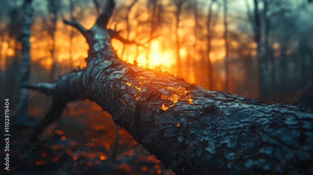 Poster broken tree branch in a misty forest against a vibrant sunset creating an atmospheric and serene nat