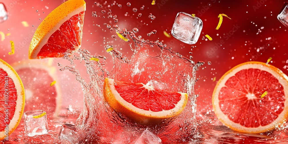 Poster slices of grapefruit splash into water with ice cubes on a vibrant red background.