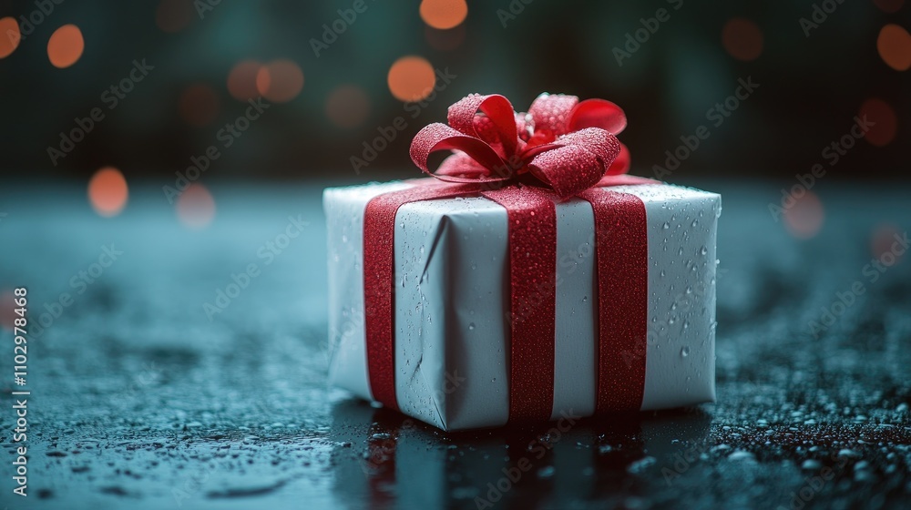 Poster elegant gift box adorned with a red ribbon on a wet surface with blurred lights creating a festive a