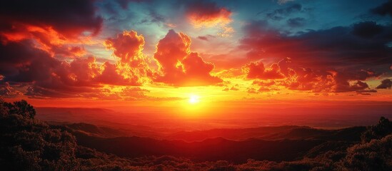 Naklejka premium Vibrant Sunset Over Mountain Range with Dramatic Clouds and Golden Sky