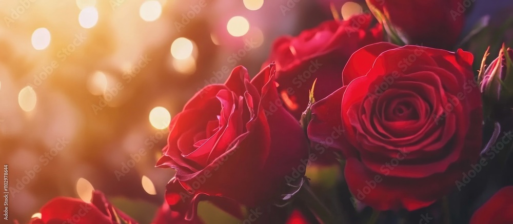 Poster close up of vibrant red roses in a festive bouquet with a soft bokeh background highlighting their b
