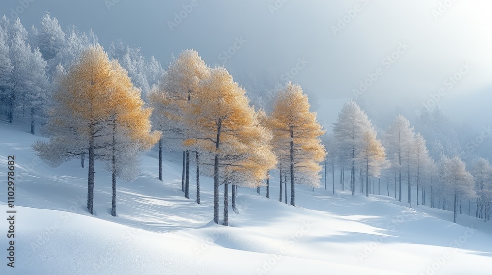 Poster winter forest landscape with snow-covered trees and soft light creating a serene atmosphere in a tra