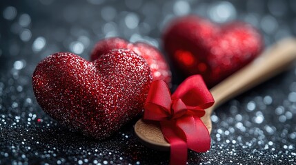 Red glitter hearts and wooden spoon with red bow on silver glitter background for romantic love and celebration themes