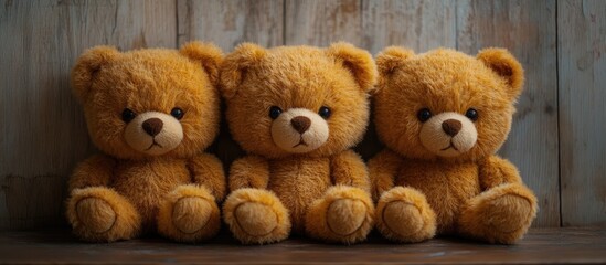 Three adorable vintage teddy bears lined up against a wooden background evoking nostalgia and warmth in a cozy setting.
