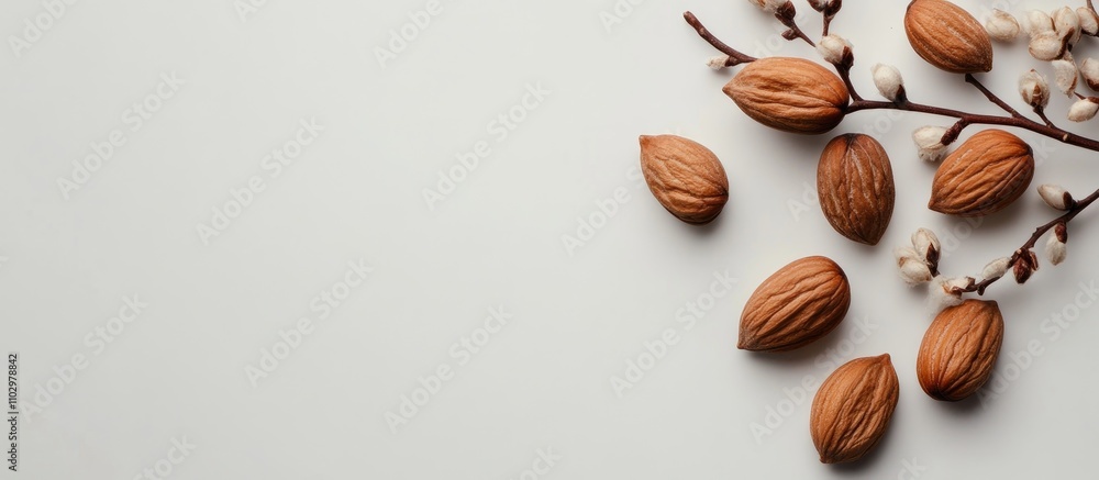 Poster Nuts arranged with a tree branch on a neutral background showcasing a clean space for text or branding elements